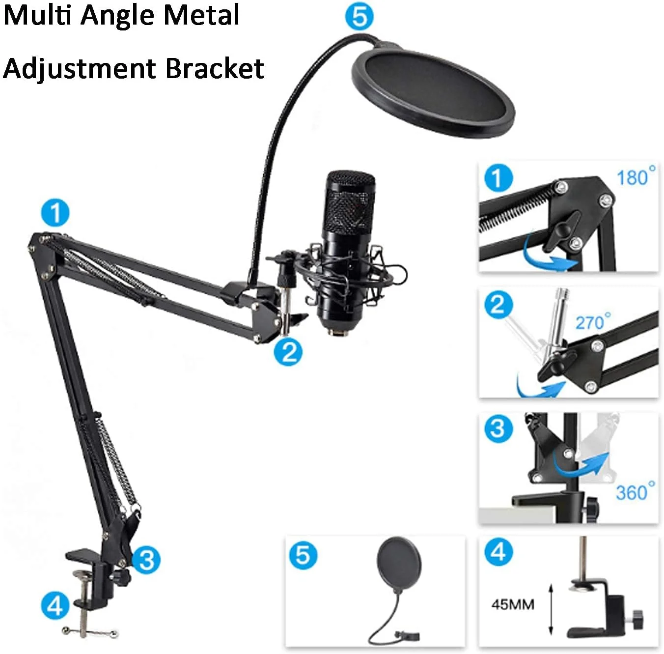 کیت میکروفون USB، ست میکروفون ضبط فلزی با پایه بازوی قابل تنظیم، میکروفون کاندنسر کامپیوتر برای ضبط استودیویی وکال، صداگذاری، پخش زنده