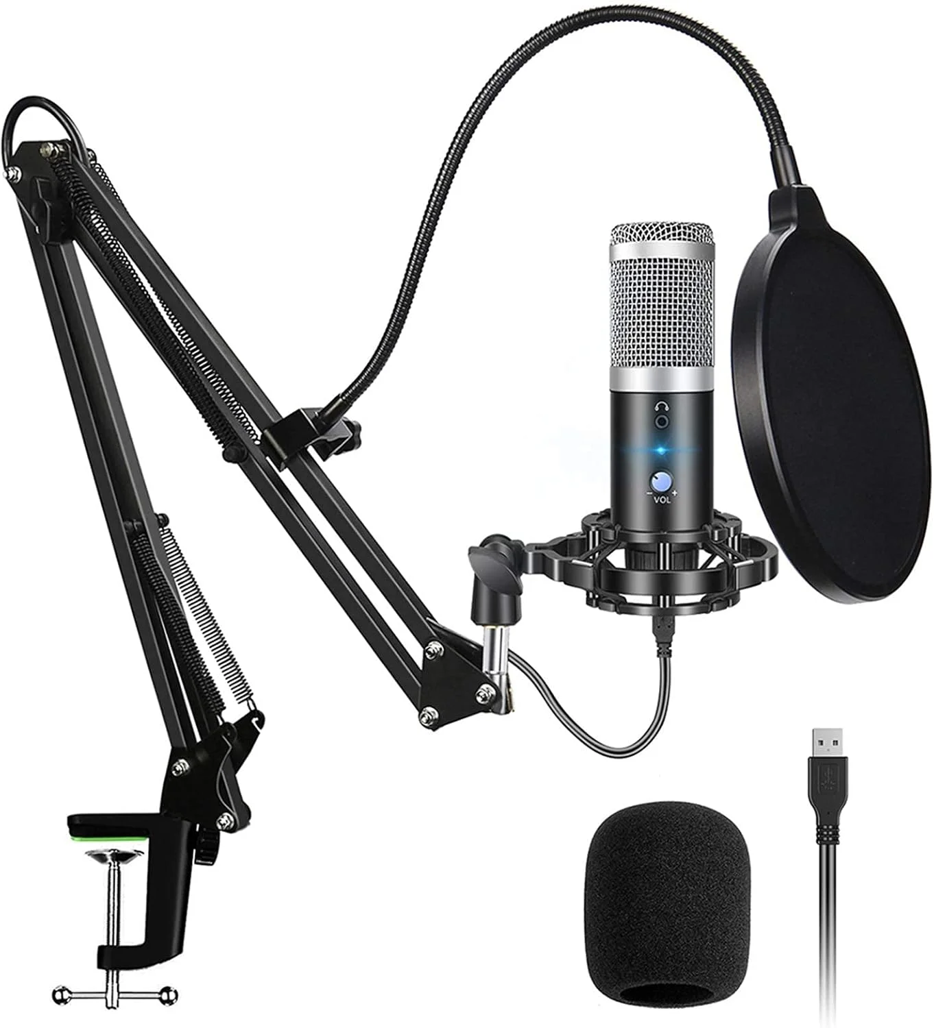 میکروفون USB کاندنسر برای کامپیوتر، استودیو کارائوکه برای یوتیوب، استند میکروفون و فیلتر پاپ