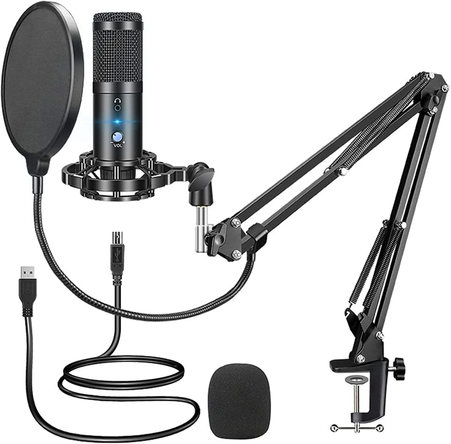 میکروفون USB کاندنسر برای کامپیوتر، استودیو کارائوکه برای یوتیوب، استریمینگ، پایه میکروفون و فیلتر پاپ