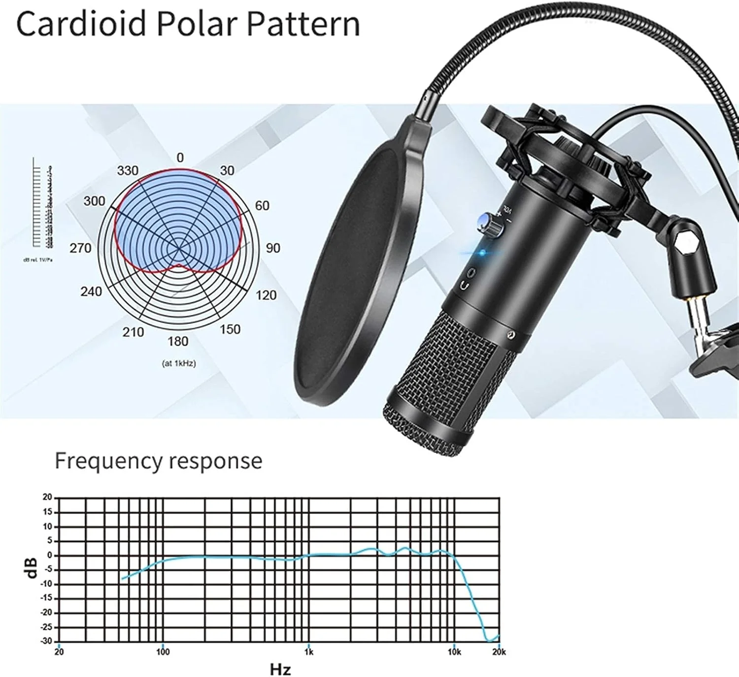 میکروفون USB کاندنسر برای کامپیوتر، استودیو کارائوکه برای یوتیوب، استریمینگ، پایه میکروفون و فیلتر پاپ