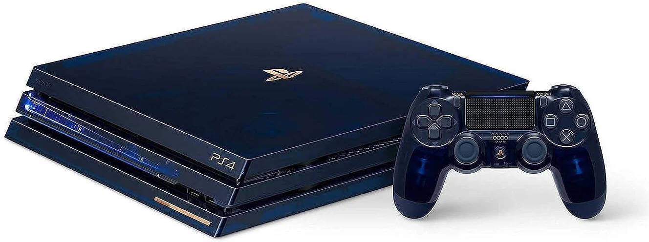 کنسول سونی پلی استیشن 4 پرو، نسخه محدود 500 میلیونی، 2 ترابایت، دسته بازی بی سیم DualShock 4، بازی 4K HDR، پردازنده 8 هسته ای AMD، گرافیک Radeon، آبی تیره شفاف | PS4PP500MLEC