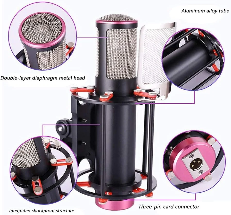 میکروفون کاندنسر دیافراگم بزرگ ضد اسپری، میکروفون موشکی، میکروفون خانگی مناسب برای پخش زنده