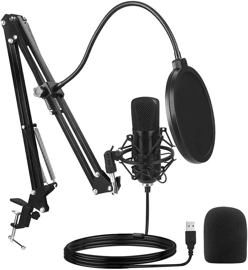 میکروفون USB کامپیوتر، کیت میکروفون PC با پایه بازوی قابل تنظیم و لرزه گیر برای سازها، صداگذاری، ضبط، پادکست و بازی