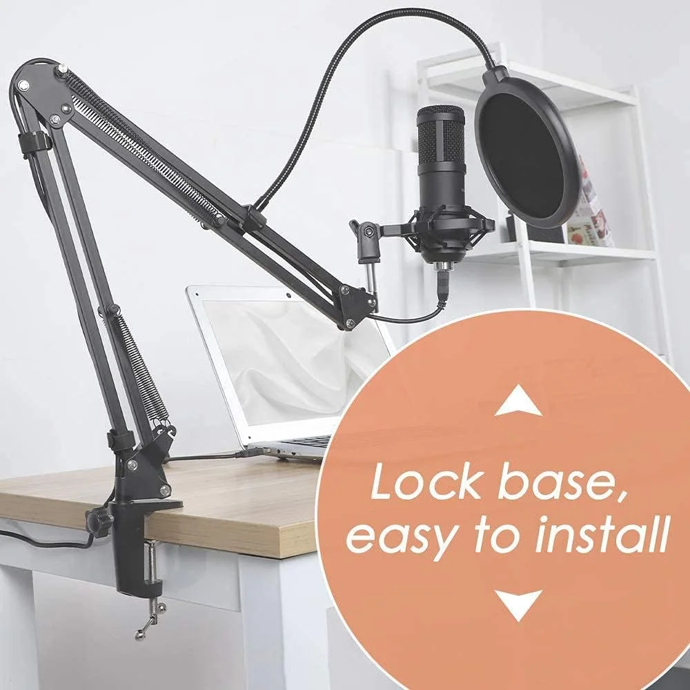 میکروفون USB کامپیوتر، کیت میکروفون PC با پایه بازوی قابل تنظیم و لرزه گیر برای سازها، صداگذاری، ضبط، پادکست و بازی