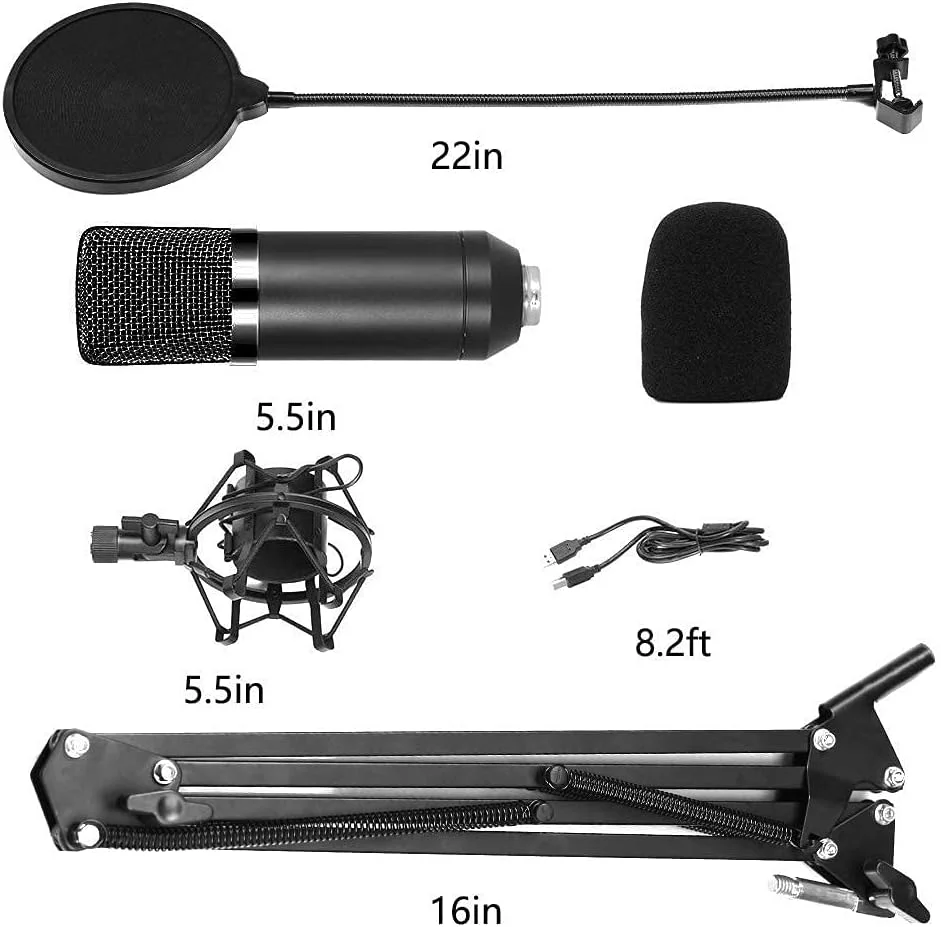 میکروفون USB کامپیوتر، کیت میکروفون PC با پایه بازوی قابل تنظیم و لرزه گیر برای سازها، صداگذاری، ضبط، پادکست و بازی