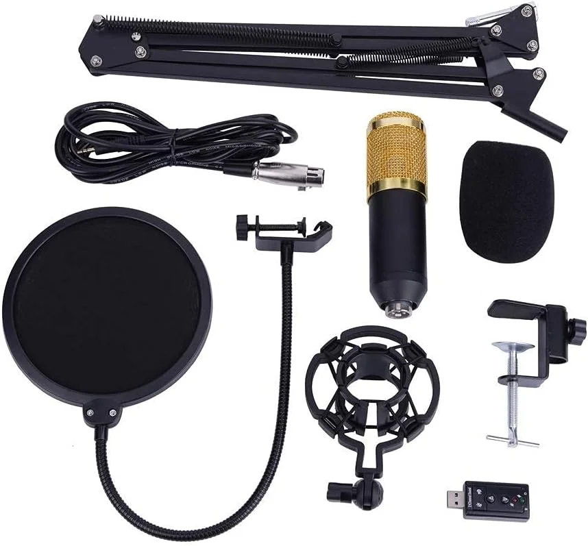 میکروفون کاندنسر - میکروفون استودیویی BM800 به همراه پایه بازویی، پاپ فیلتر، فوم و لوازم جانبی ضبط صدا