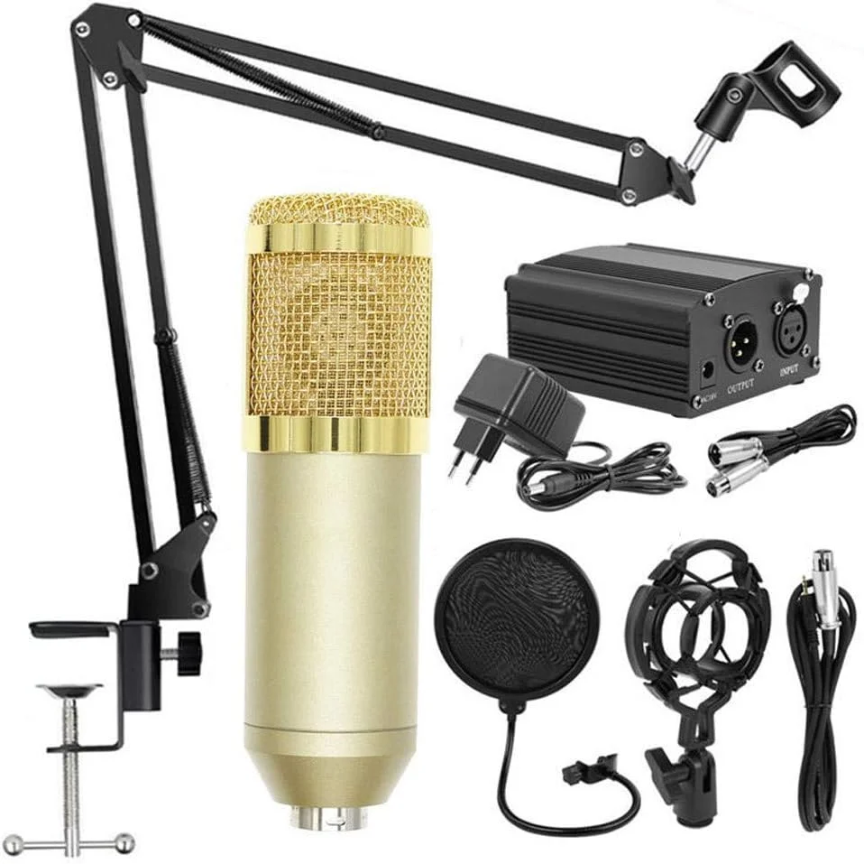 میکروفون کاندنسر با کابل USB، کیت میکروفون ضبط صدا برای کامپیوتر، میکروفون با منبع تغذیه فانتوم 48 ولت، پایه بازویی قیچی با لرزه گیر، میکروفون ضبط حرفه ای