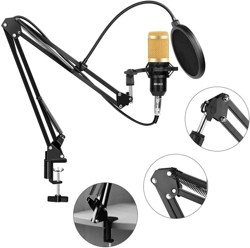 میکروفون کاندنسر با کابل USB، کیت میکروفون ضبط صدا برای کامپیوتر، میکروفون با منبع تغذیه فانتوم 48 ولت، پایه بازویی قیچی با لرزه گیر، میکروفون ضبط حرفه ای