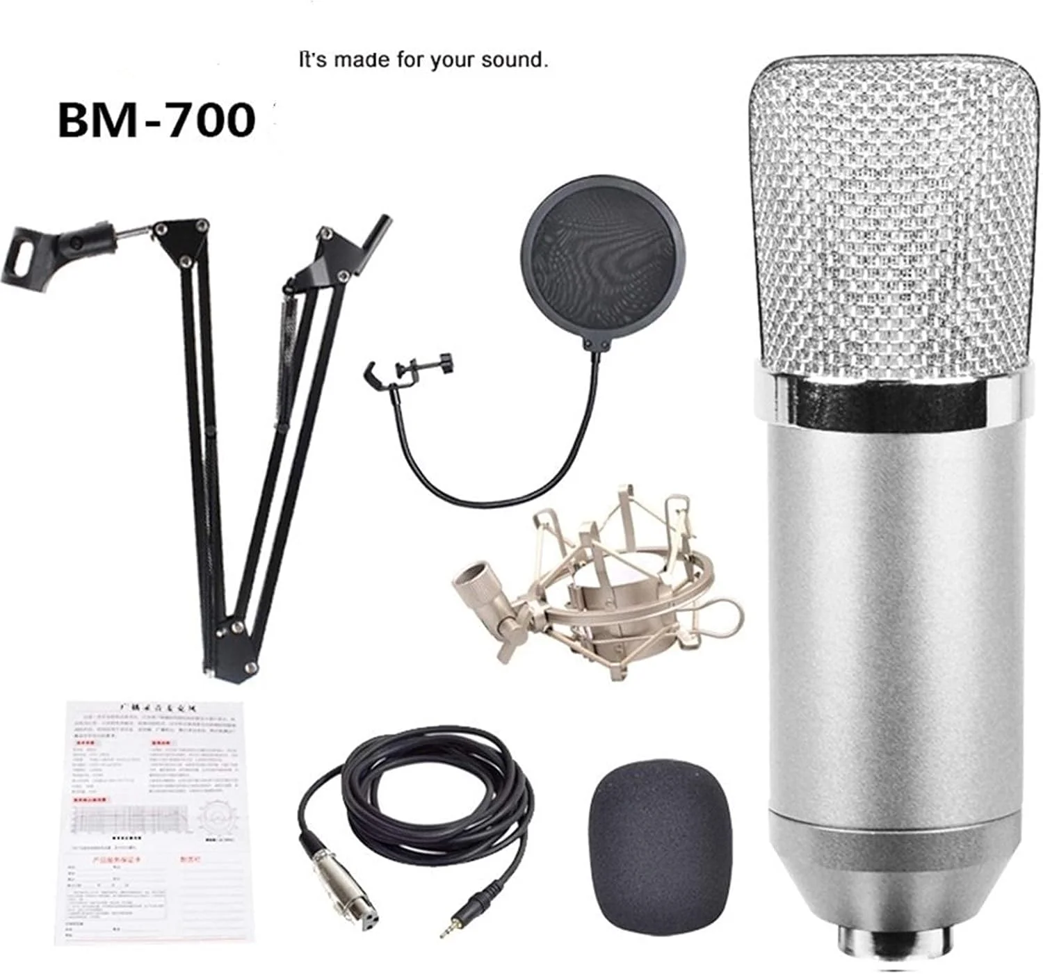 کیت میکروفون کاندنسر BM 700 به همراه بازوی نگهدارنده قابل تنظیم و لرزه گیر فلزی مناسب برای پخش زنده