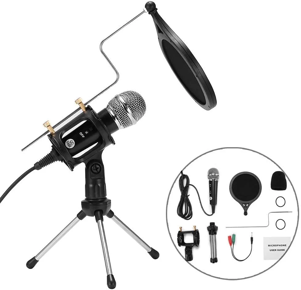 کیت میکروفون کاندنسر استودیویی PC، میکروفون قابل تنظیم با فیلتر دولایه، پایه سه پایه تاشو قابل حمل، میکروفون پایه کوچک برای ضبط صدا، کنفرانس ویدیویی