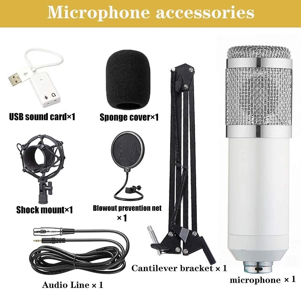 کیت میکروفون کاندنسر BM-800، میکروفون گیمینگ، میکروفون پادکست PC به 3.5 میلی‌متر با بازوی قیچی تعلیق قابل تنظیم، لرزه‌گیر، برای ضبط استودیویی و پخش