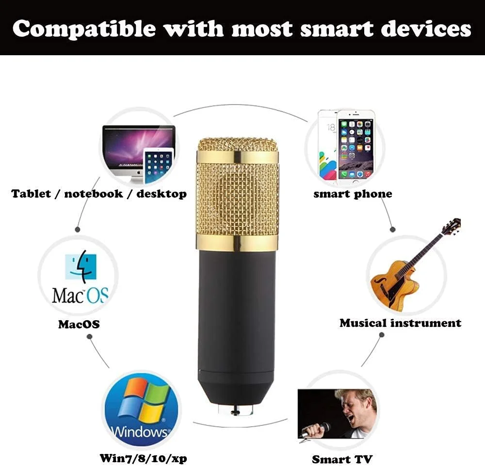 کیت میکروفون کاندنسر BM-800، میکروفون گیمینگ، میکروفون پادکست PC به 3.5 میلی‌متر با میکروفون قابل تنظیم، لرزه‌گیر، برای ضبط استودیویی و پخش