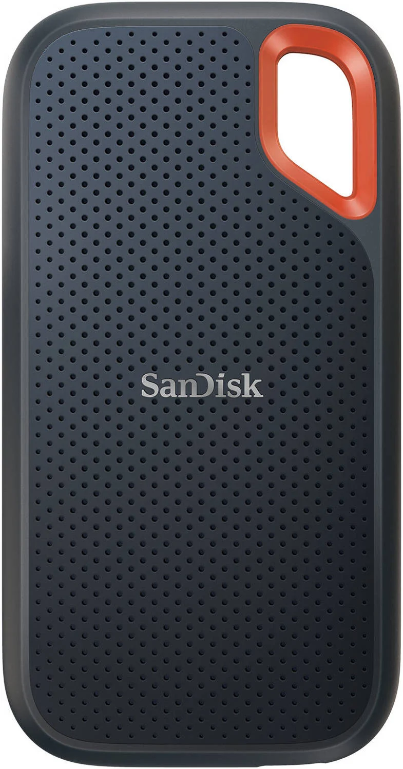 اس اس دی اکسترنال قابل حمل 1 ترابایتی SanDisk Extreme V2، سرعت خواندن تا 1050 مگابایت بر ثانیه و سرعت نوشتن تا 1000 مگابایت بر ثانیه، USB 3.2 Gen 2 Type-C، رمزگذاری AES 256 بیتی، حلقه کارابین، IP55، مشکی - نارنجی | SDSSDE61-1T00-G25