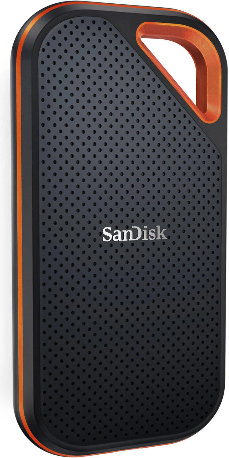 حافظه اس اس دی اکسترنال 2 ترابایتی SanDisk Extreme PRO Portable SSD V2، USB 3.2 Gen 2x2 Type-C، سرعت خواندن و نوشتن تا 2000 مگابایت بر ثانیه، حلقه کارابین، IP55، مشکی - نارنجی | SDSSDE81-2T00-G25