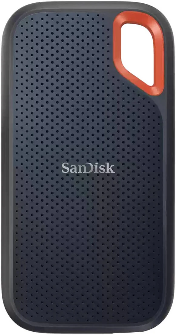 اس اس دی اکسترنال قابل حمل 8 ترابایتی SanDisk Extreme، USB 3.2 Gen 2 Type-C، سرعت خواندن و نوشتن تا 1050 مگابایت بر ثانیه، رمزگذاری سخت افزاری AES 256 بیتی، حلقه کارابین، IP65، مشکی/نارنجی | SDSSDE61-8T00-G25