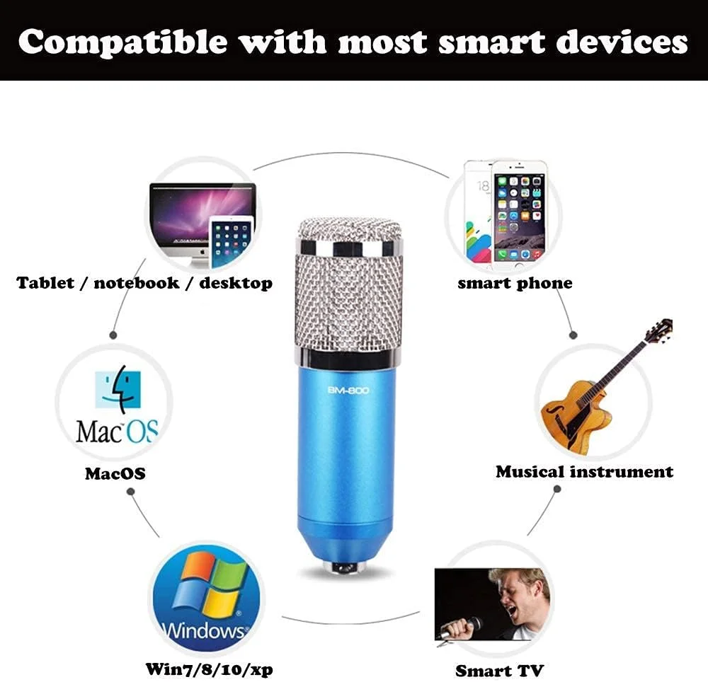 کیت میکروفون کاندنسر BM-800، میکروفون گیمینگ، میکروفون پادکست PC به 3.5 میلی‌متر با میکروفون قابل تنظیم، لرزه‌گیر، برای ضبط استودیویی و پخش