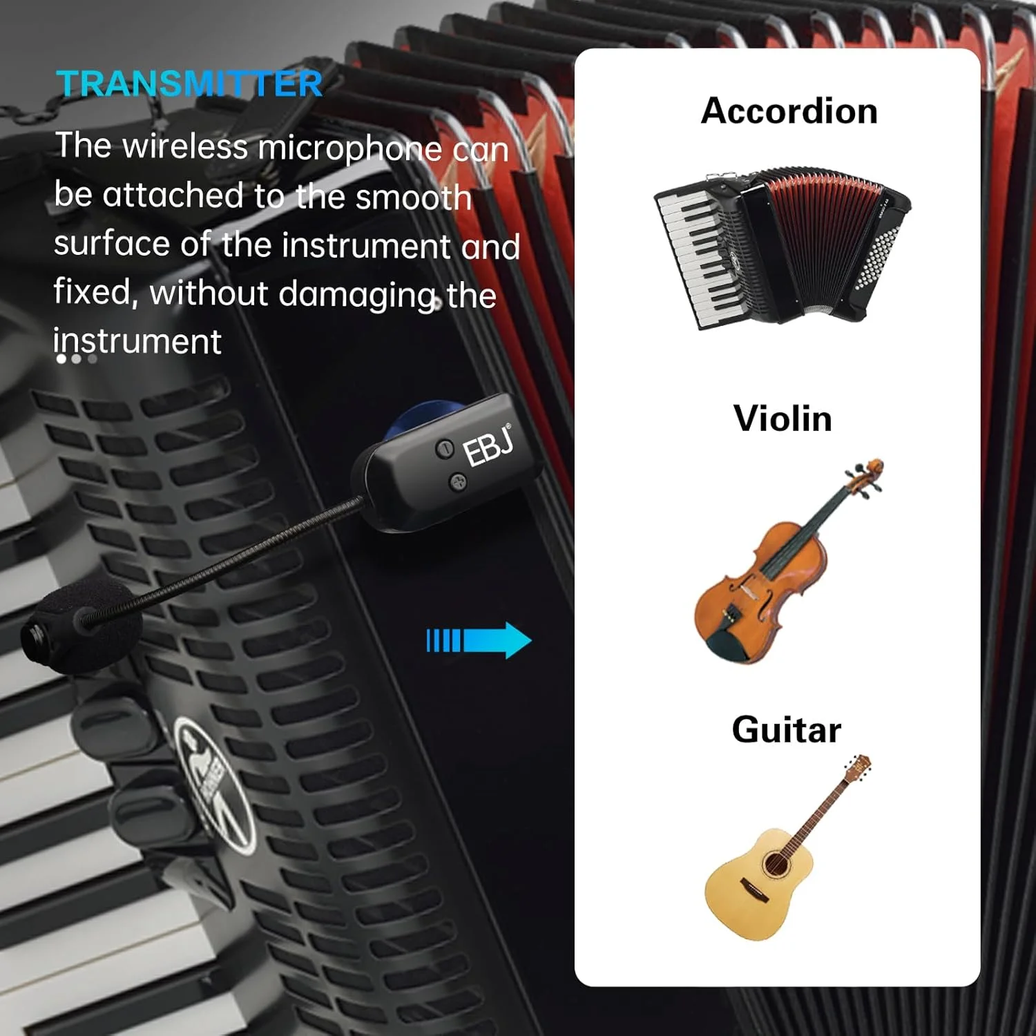 میکروفون ساز EBJ 2.4G با گیرنده و فنجان مکش جداشدنی برای گیتار ویولن ویولنسل آکاردئون بلندگوها، میکروفون پیکاپ برای اجرای زنده و کاهش نویز، برد 30 متری (KX-801-2)
