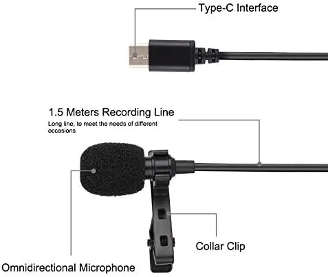 میکروفون سیم دار یقه ای خازنی ضبط صدا با جک USB-C/Type-C به طول 1.5 متر