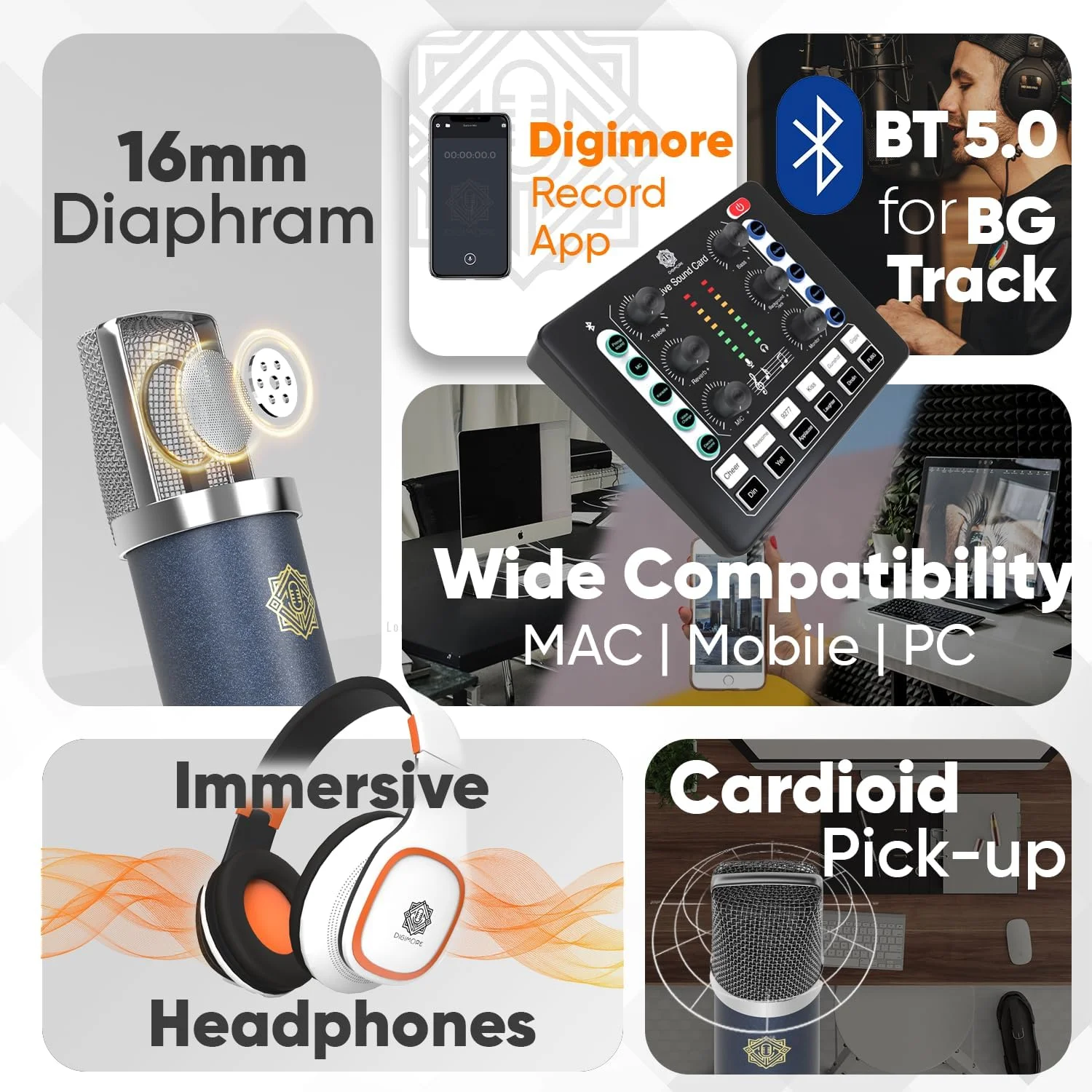 کیت میکروفون کاندنسر DIGIMORE با هدفون استودیویی، کارت صدای زنده، پایه بازویی، لرزه گیر و پاپ فیلتر ایده آل برای ضبط، خوانندگی، پخش زنده و راه اندازی پادکست (D-440)