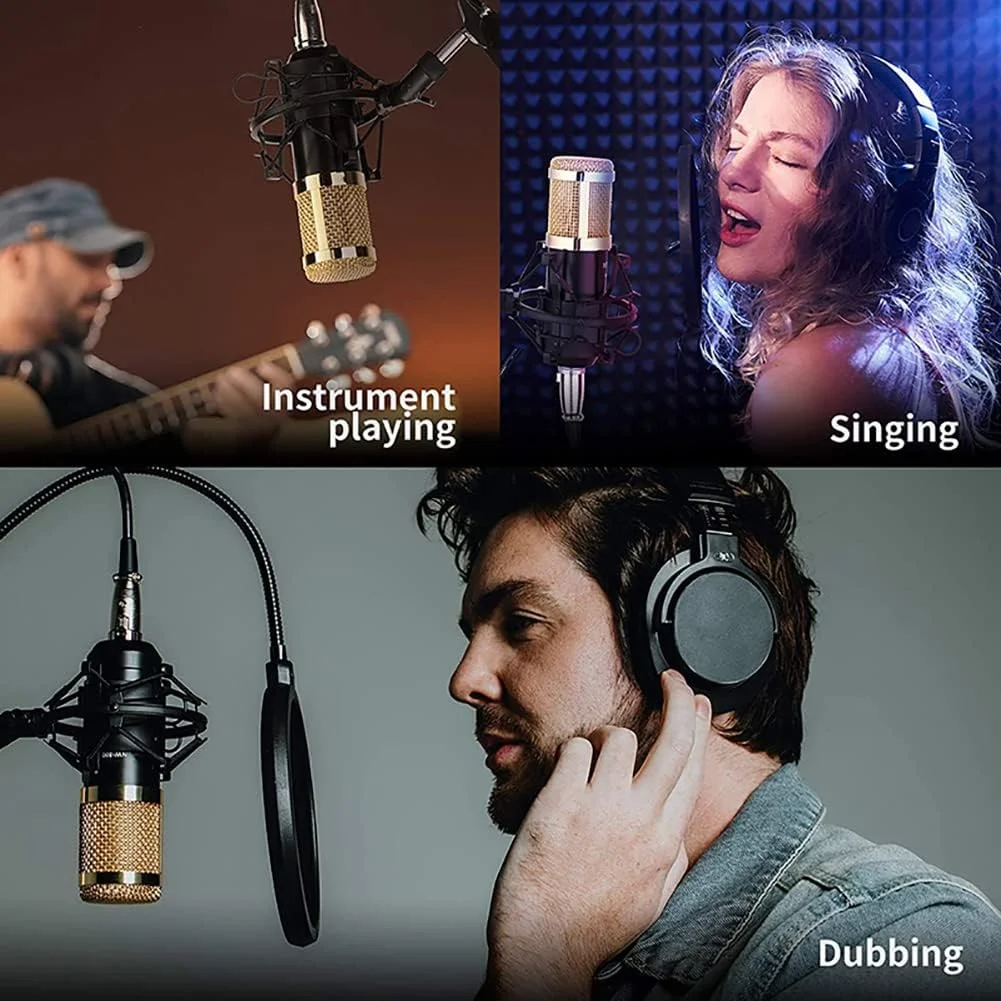 مجموعه میکروفون کاندنسر BM-800 به همراه کارت صدای استریمینگ، پایه میکروفون قابل تنظیم و لرزه گیر فلزی، مناسب برای ضبط، پخش و استریم