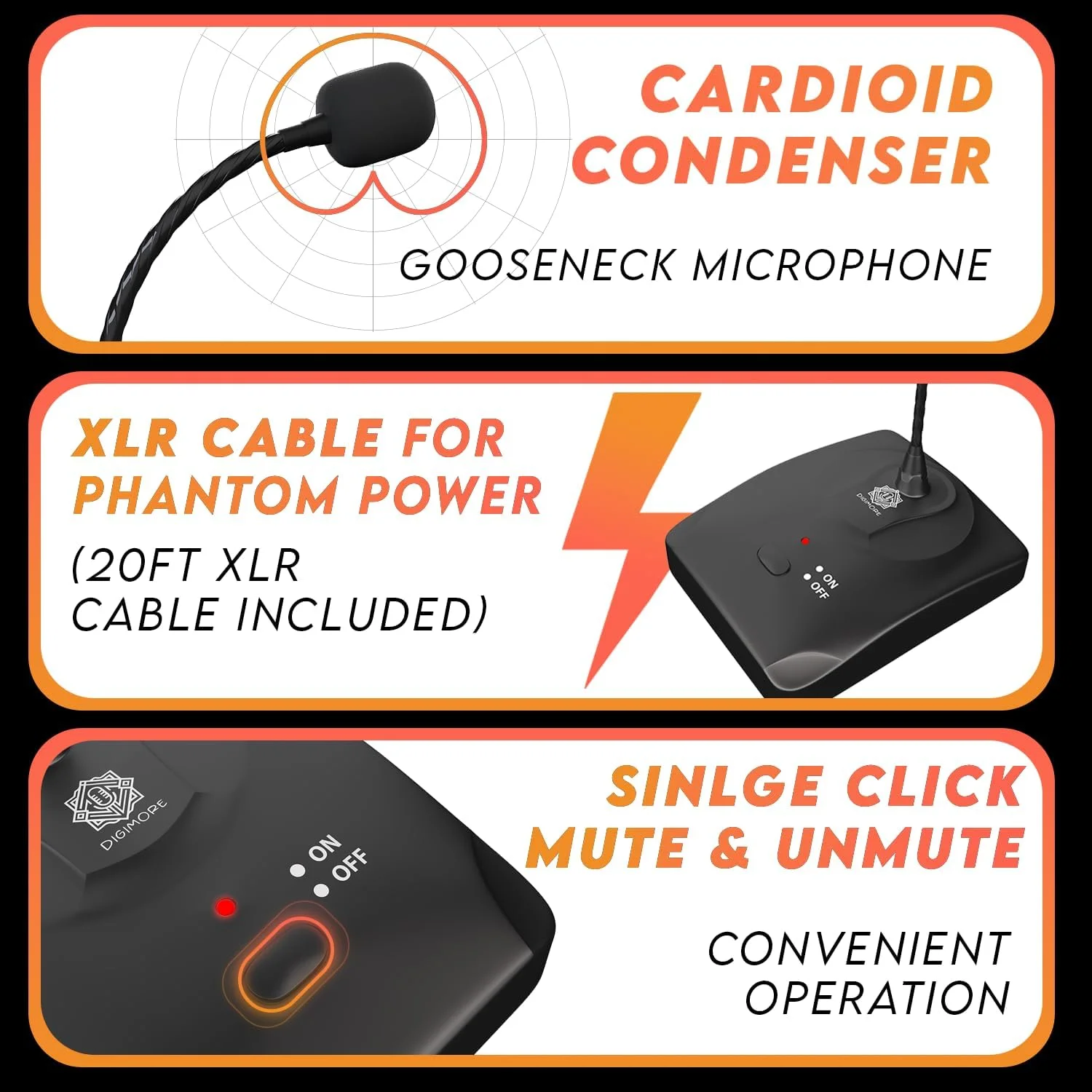 میکروفون رومیزی خازنی گردن‌غازی DIGIMORE مدل D-650، میکروفون تریبونی 18 اینچی با کلید روشن/خاموش و خروجی XLR، مناسب برای جلسات، کنفرانس‌های ویدئویی و پخش زنده