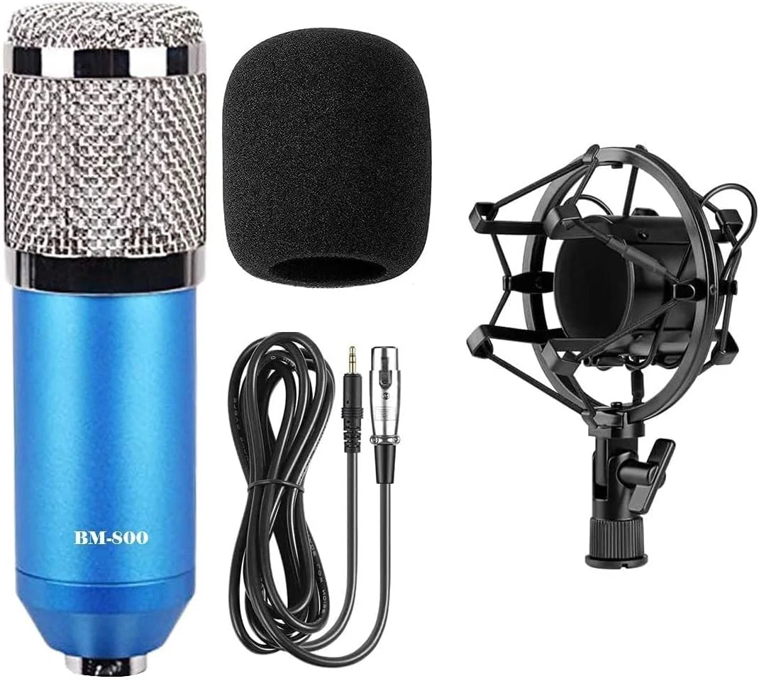 میکروفون کاندنسر حرفه ای BM800 برای ضبط موسیقی استودیویی به همراه لرزه گیر، کابل XLR 3.5 میلی متری و فوم ضد باد مناسب خوانندگی، کارائوکه خانگی، پادکست و ولاگ (آبی)