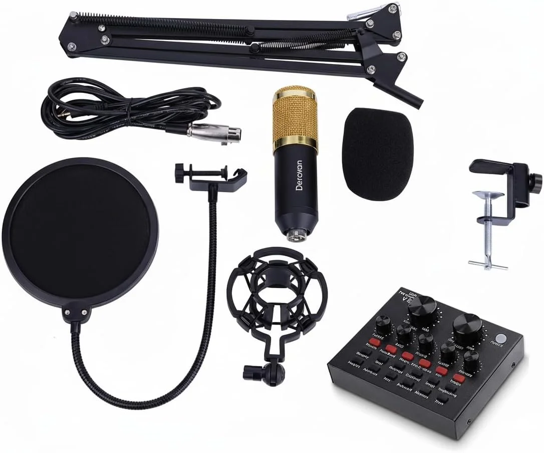 کیت میکروفون کاندنسر کاردیوئید USB – میکروفون استودیویی حرفه ای با کارت صدای زنده، بازوی شوک گیر قابل تنظیم و پاپ فیلتر برای ضبط و استریم