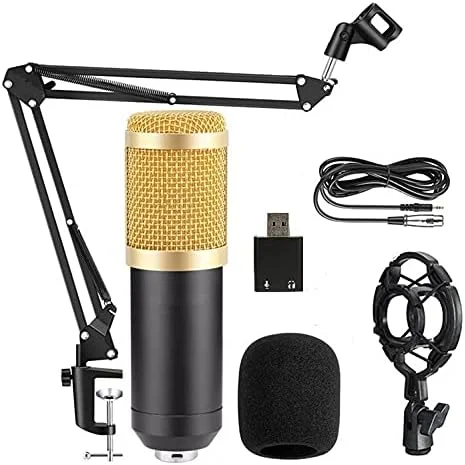 میکروفون کاندنسر حرفه ای BM800 به همراه پایه بازویی قیچی‌شکل و کارت صدای USB برای خوانندگی، پادکست، یوتیوب، ولاگ، لپ تاپ و کامپیوتر (مشکی)