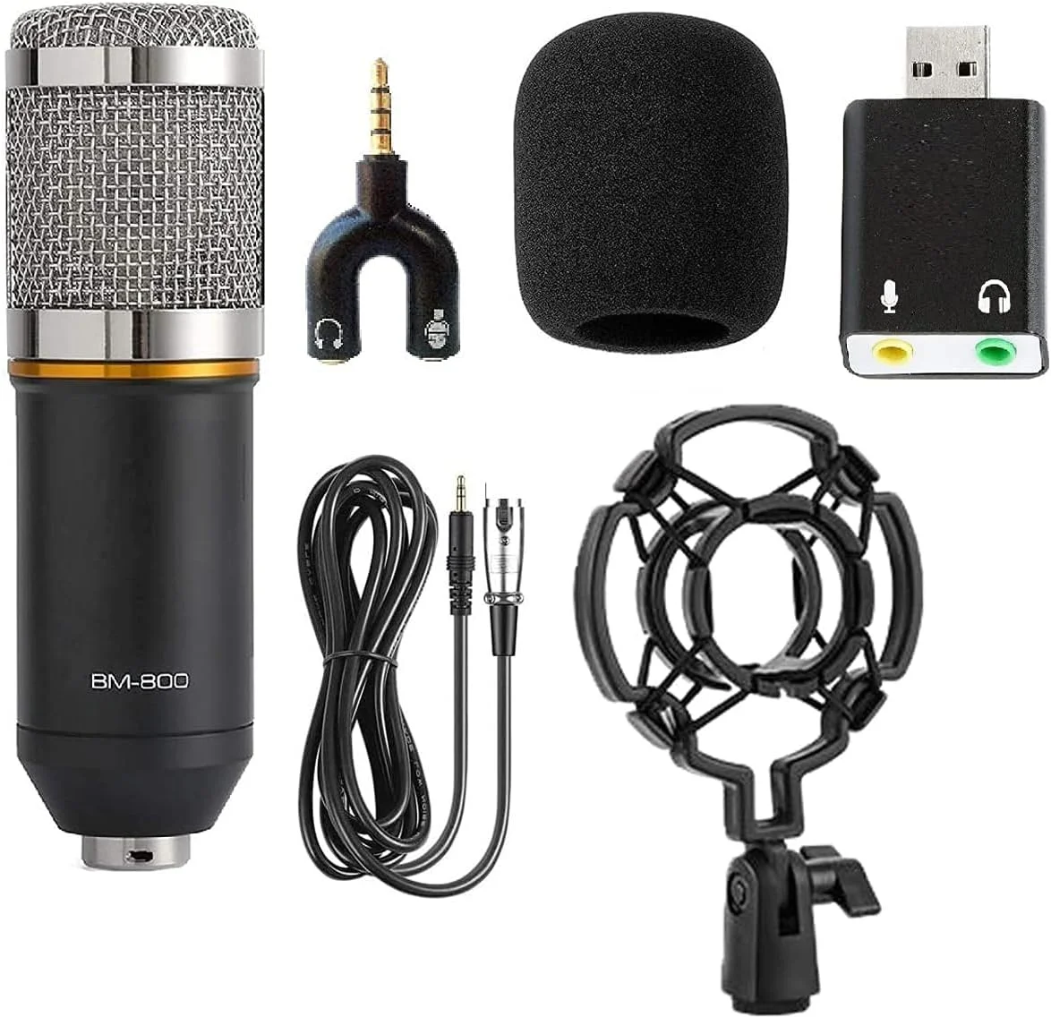 مجموعه میکروفون کاندنسر حرفه ای BM800 و آداپتور صدای USB 3.5 میلی متری استریو خارجی با جک میکروفون/هدفون برای لپ تاپ ویندوز مک لینوکس (مشکی)