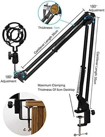 میکروفون کاندنسر حرفه ای BM800 به همراه پایه بازویی قیچی‌شکل و کارت صدای USB برای خوانندگی، پادکست، یوتیوب، ولاگ، لپ تاپ و کامپیوتر (مشکی)
