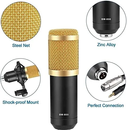 مجموعه میکروفون کاندنسر استودیویی BM800 حرفه ای برای ضبط صدا، مناسب کارائوکه، دوبله، پادکست و پخش زنده (مجموعه میکروفون با V8)
