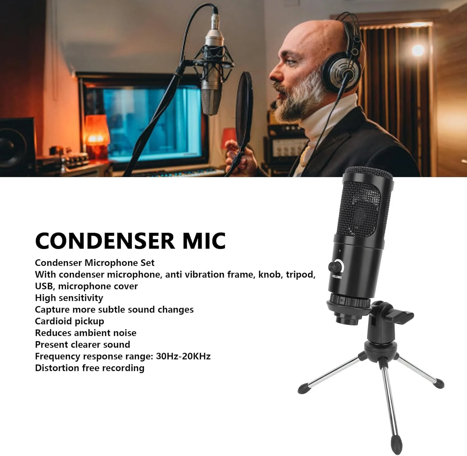 میکروفون پادکست Denash، میکروفون USB کاردیوئید با سه پایه، محدوده فرکانسی 20 هرتز تا 20 کیلوهرتز، میکروفون کندانسور با کاهش نویز و حساسیت بالا برای پخش زنده کامپیوتری