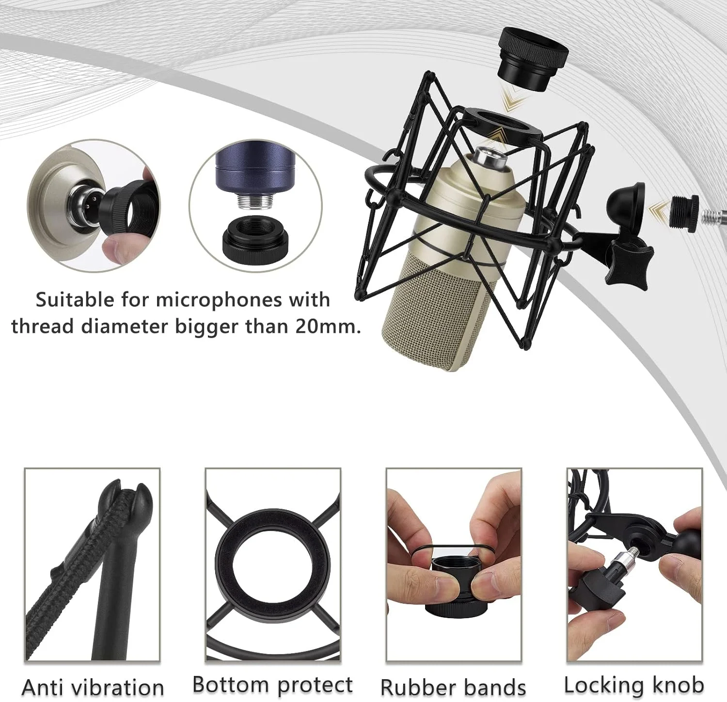 لرزه‌گیر میکروفون Geekria for Creators سازگار با MXL 770, 990, R77, TEMPO, V67G, 2006, R144، آداپتور ضد لرزش، گیره نگهدارنده میکروفون (مشکی/فلزی)