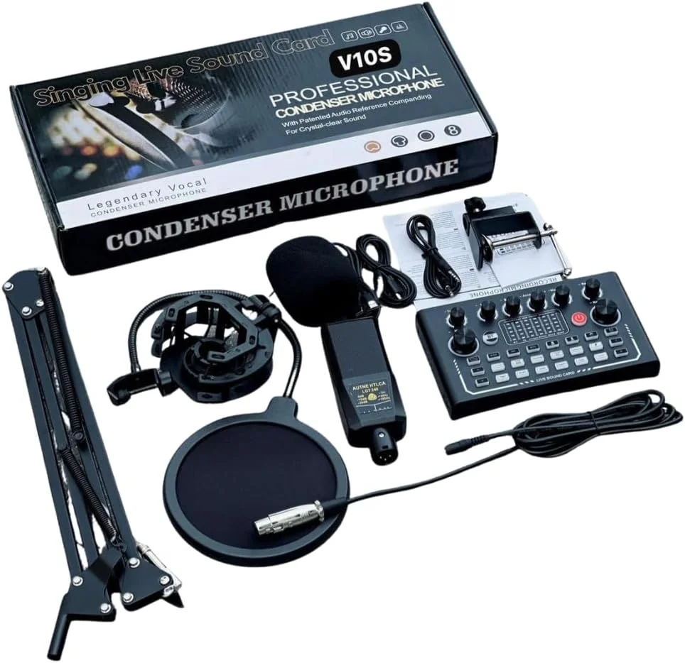 میکروفون کاندنسر V10s کارت صدای استریو ضبط زنده پادکست استودیویی مجموعه کامل میکسر صوتی خارجی با میکروفون برای آواز خواندن پخش زنده یوتیوبرها ولاگینگ ویدیو