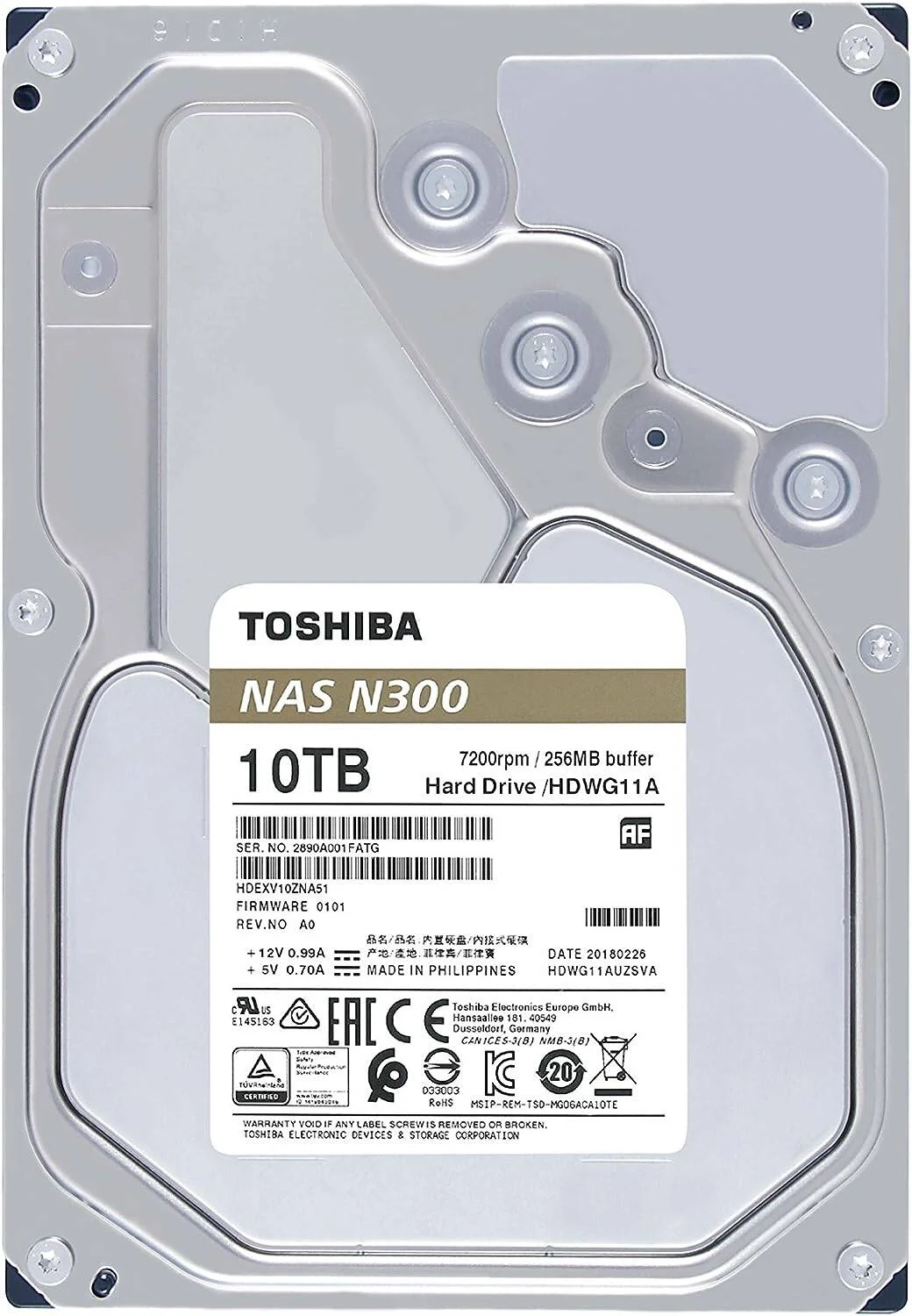 هارد دیسک داخلی NAS توشیبا N300، سایز 3.5 اینچ، ظرفیت 10 ترابایت، سرعت چرخش 7200 دور در دقیقه، سرعت انتقال داده 248 مگابیت بر ثانیه، رابط SATA 6.0 گیگابیت بر ثانیه، اندازه بافر 256 مگابایت، فرمت پیشرفته، بدون هالوژن | HDWG11AEZSTA