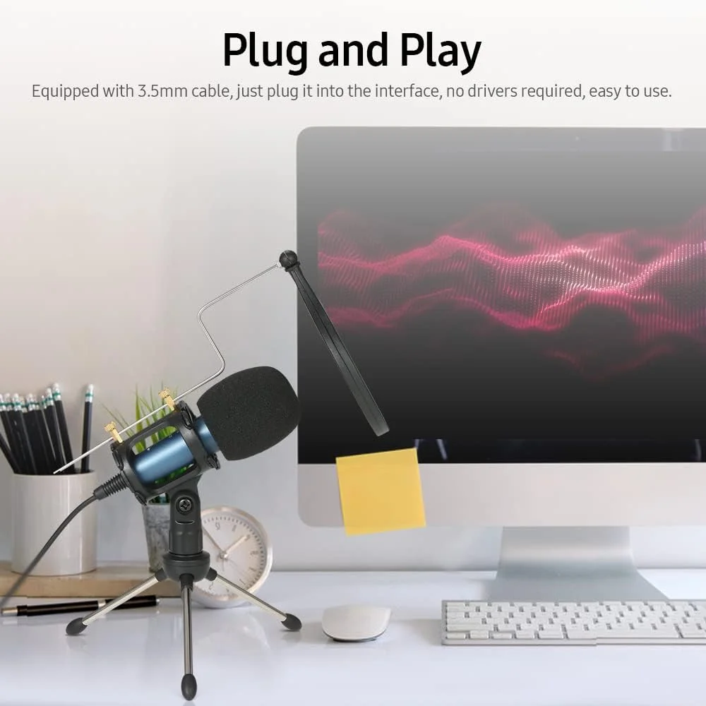 میکروفون کندانسور J/E با کابل 3.5 میلی‌متری، کاهش نویز، پایه سه‌پایه، پاپ فیلتر، پشتیبانی از خروجی هدفون، کاربردهای متنوع - آبی