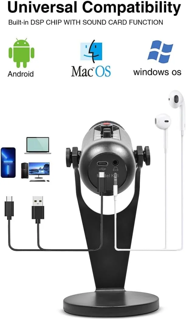 کیت میکروفون USB کاندنسر برای کامپیوتر، لپ تاپ و موبایل، میکروفون استریمینگ و پادکست گیمینگ با کارت صدا، پایه قابل تنظیم، پاپ فیلتر، هدفون، ست ضبط صدا Plug and Play برای استریم زنده و خوانندگی