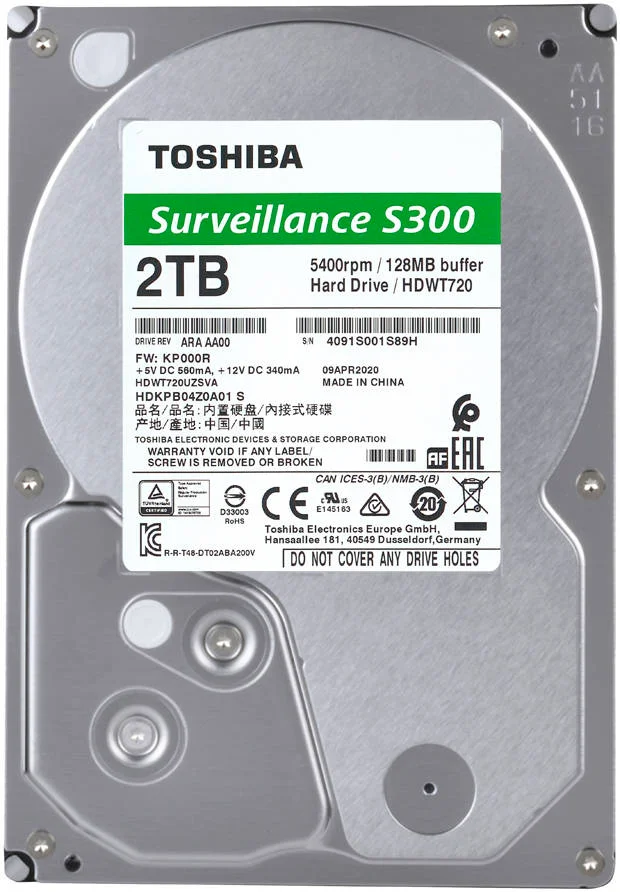 هارد دیسک داخلی 3.5 اینچی 2 ترابایتی Toshiba S300 مخصوص سیستم های نظارتی، SATA 6.0 Gbit/s، سرعت انتقال داده 184 مگابایت بر ثانیه، سرعت چرخش 5400 دور در دقیقه، حافظه کش 128 مگابایت، عملکرد 24/7، حجم کارکرد 180 ترابایت در سال | HDWT720UZSVA-2