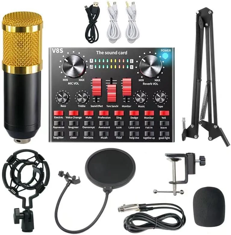 کیت میکروفون کاندنسر - بسته ضبط استودیویی حرفه ای و پخش زنده با کارت صدا V8S و لوازم جانبی کامل کیت میکروفون کاندنسر - بسته ضبط استودیویی حرفه ای و پخش زنده با کارت صدا V8S و لوازم جانبی کامل