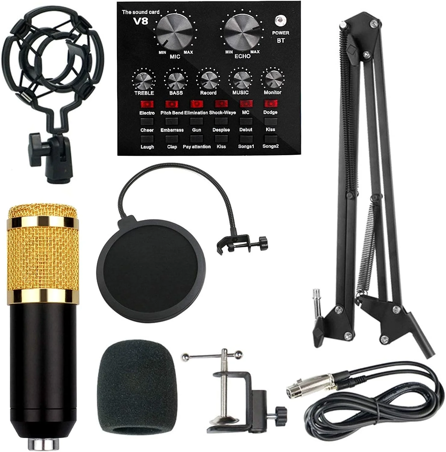 مجموعه میکروفون کاندنسر V8 با کارت صدای زنده BM-800، کارت صدای زنده با افکت ها و تغییر صدا، کیت میکروفون برای استودیوی خانگی پادکست و غیره
