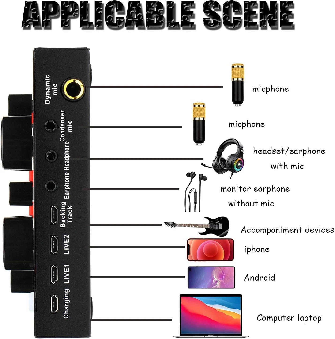 میکروفون کاندنسر BM-800، همراه با کارت صدای زنده و میکسر، میکسر صدای قابل حمل 2 کانال USB برای لپ تاپ با صدای دیجیتال SPDIF - صدا با پایه قابل تنظیم و لرزه گیر