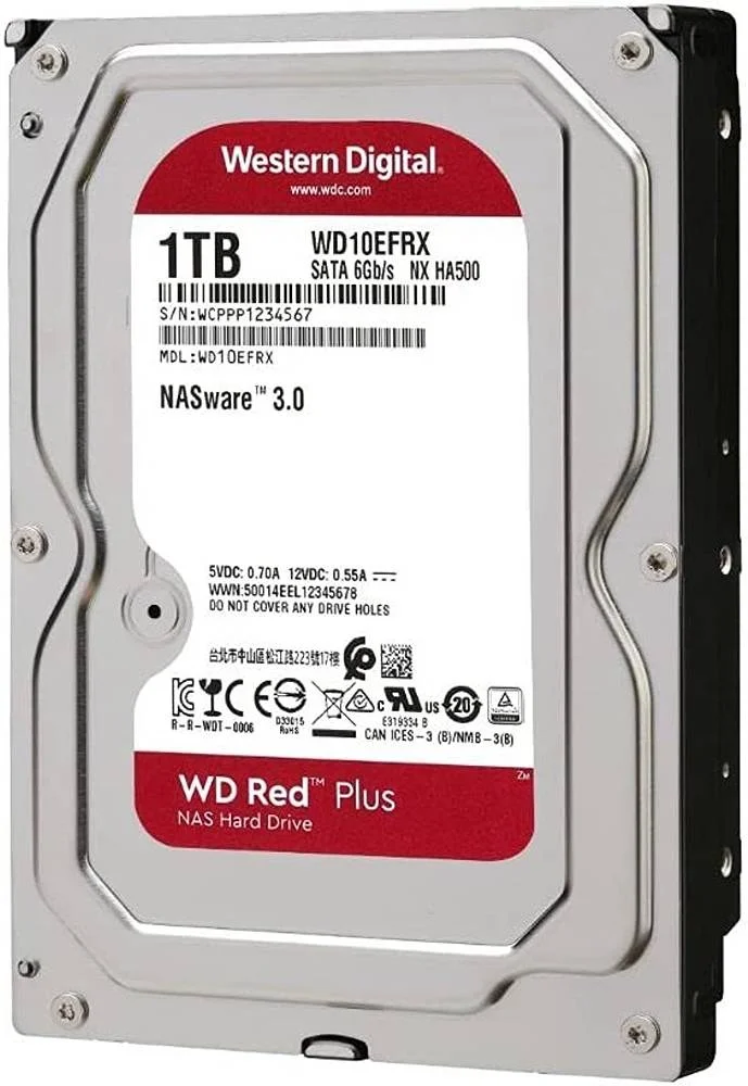 هارد دیسک داخلی NAS وسترن دیجیتال Red Plus با ظرفیت 1 ترابایت، رابط SATA 6 Gb/s، سایز 3.5 اینچ، حافظه کش 64 مگابایت و سرعت 5400 دور در دقیقه، ضبط CMR، فرم فاکتور 3.5 اینچ | WD10EFRX