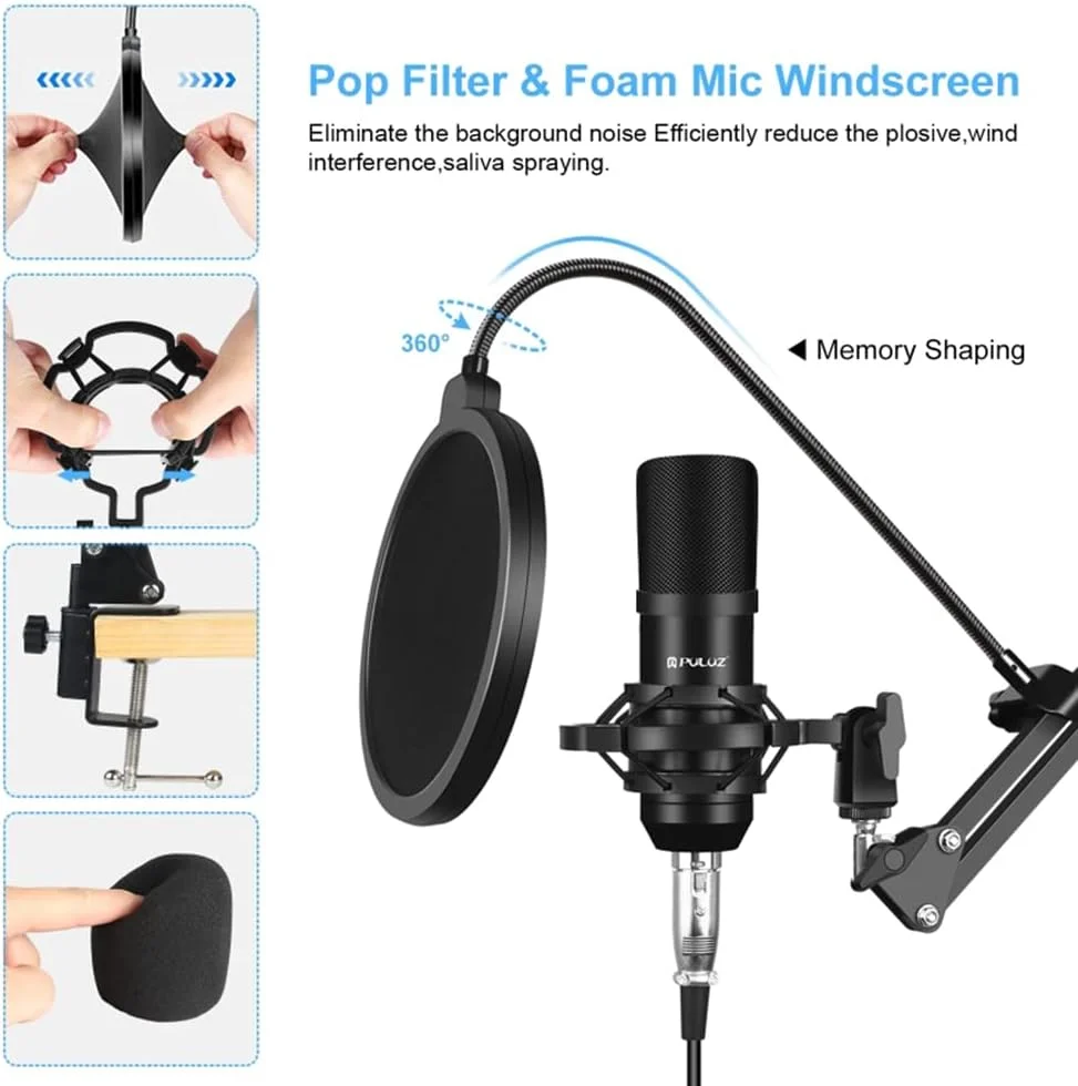کیت های ضبط صدا استودیویی با میکروفون کاندنسر، بازوی معلق، پایه ضد لرزش فلزی و کارت صدای USB برای اجرای زنده