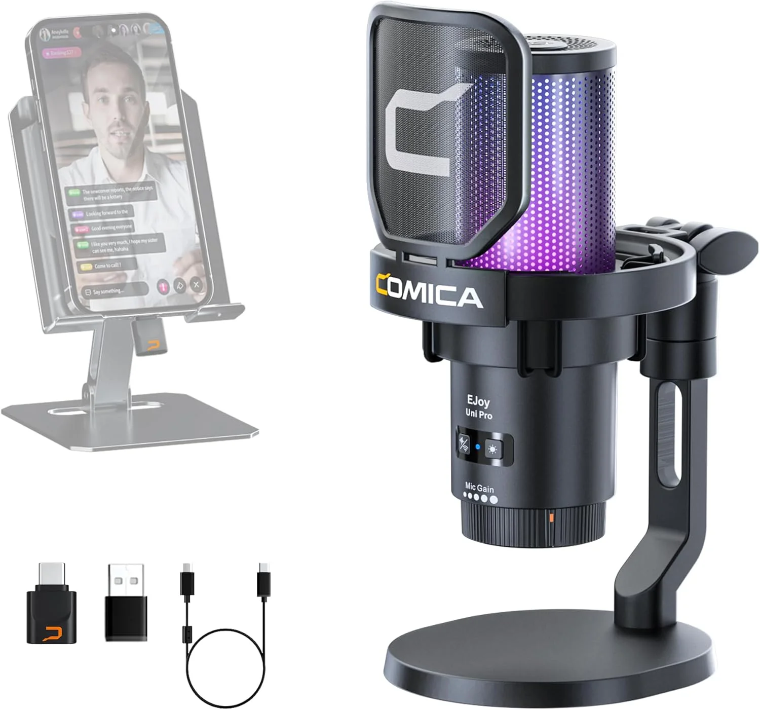 میکروفون USB گیمینگ بیسیم COMICA EJoy Uni Pro، میکروفون کندانسور RGB با قابلیت حذف نویز، دارای دکمه بیصدا، کنترل بهره، مانیتورینگ، فیلتر پاپ و لرزهگیر برای ضبط، استریم، پادکست، PS5، PS4، PC و یوتیوب میکروفون USB گیمینگ بیسیم COMICA EJoy Uni Pro، میکروفون کندانسور RGB با قابلیت حذف نویز، دارای دکمه بیصدا، کنترل بهره، مانیتورینگ، فیلتر پاپ و لرزهگیر برای ضبط، استریم، پادکست، PS5، PS4، PC و یوتیوب