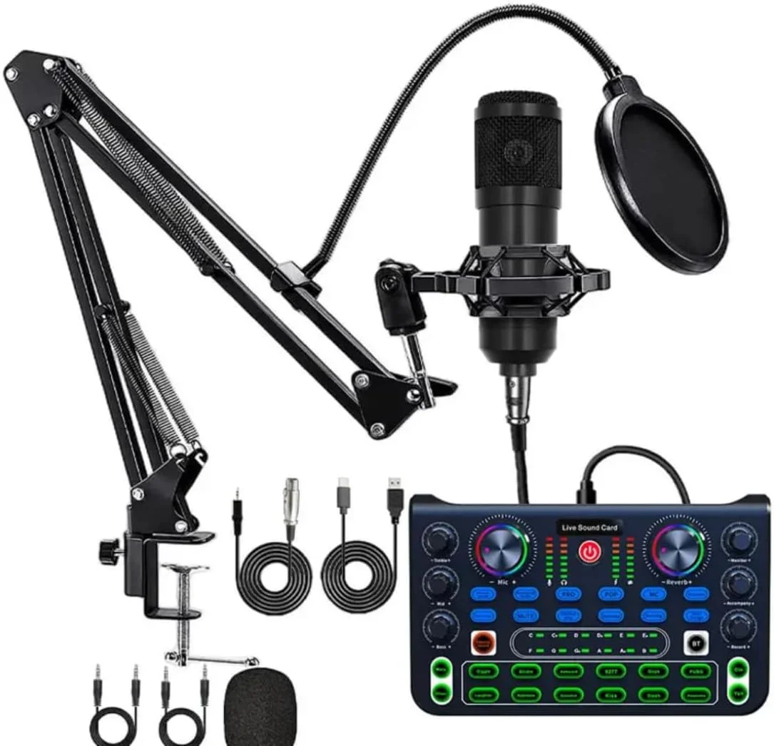 مجموعه کامل تجهیزات پادکست – کارت صدای زنده و میکروفون کاندنسر برای ضبط، پخش و استریم مجموعه کامل تجهیزات پادکست – کارت صدای زنده و میکروفون کاندنسر برای ضبط، پخش و استریم