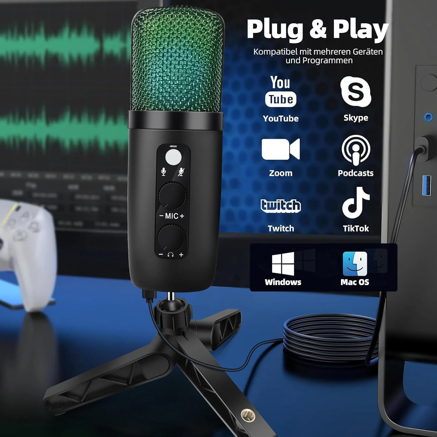 میکروفون USB RGB با قابلیت اتصال و پخش: میکروفون گیمینگ برای کامپیوتر و اندروید - با جک هدفون 3.5 میلی متری، کنترلر چرخشی برای تنظیم صدا میکروفون USB RGB با قابلیت اتصال و پخش: میکروفون گیمینگ برای کامپیوتر و اندروید - با جک هدفون 3.5 میلی متری، کنترلر چرخشی برای تنظیم صدا