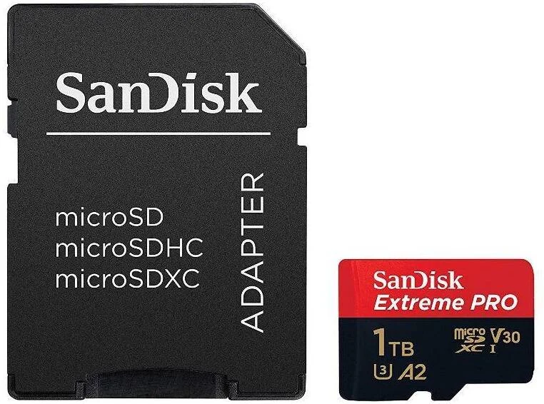 کارت حافظه SanDisk Extreme Pro microSD UHS-I با ظرفیت 1 ترابایت به همراه آداپتور، سرعت خواندن 170 مگابایت بر ثانیه و سرعت نوشتن 90 مگابایت بر ثانیه، Class 10, UHS Speed Class 3 (U3), A2, Video 30 (V30)، مناسب برای ویدیوهای 4K، قرمز/مشکی | SDSQXCZ-1T00-GN6MA