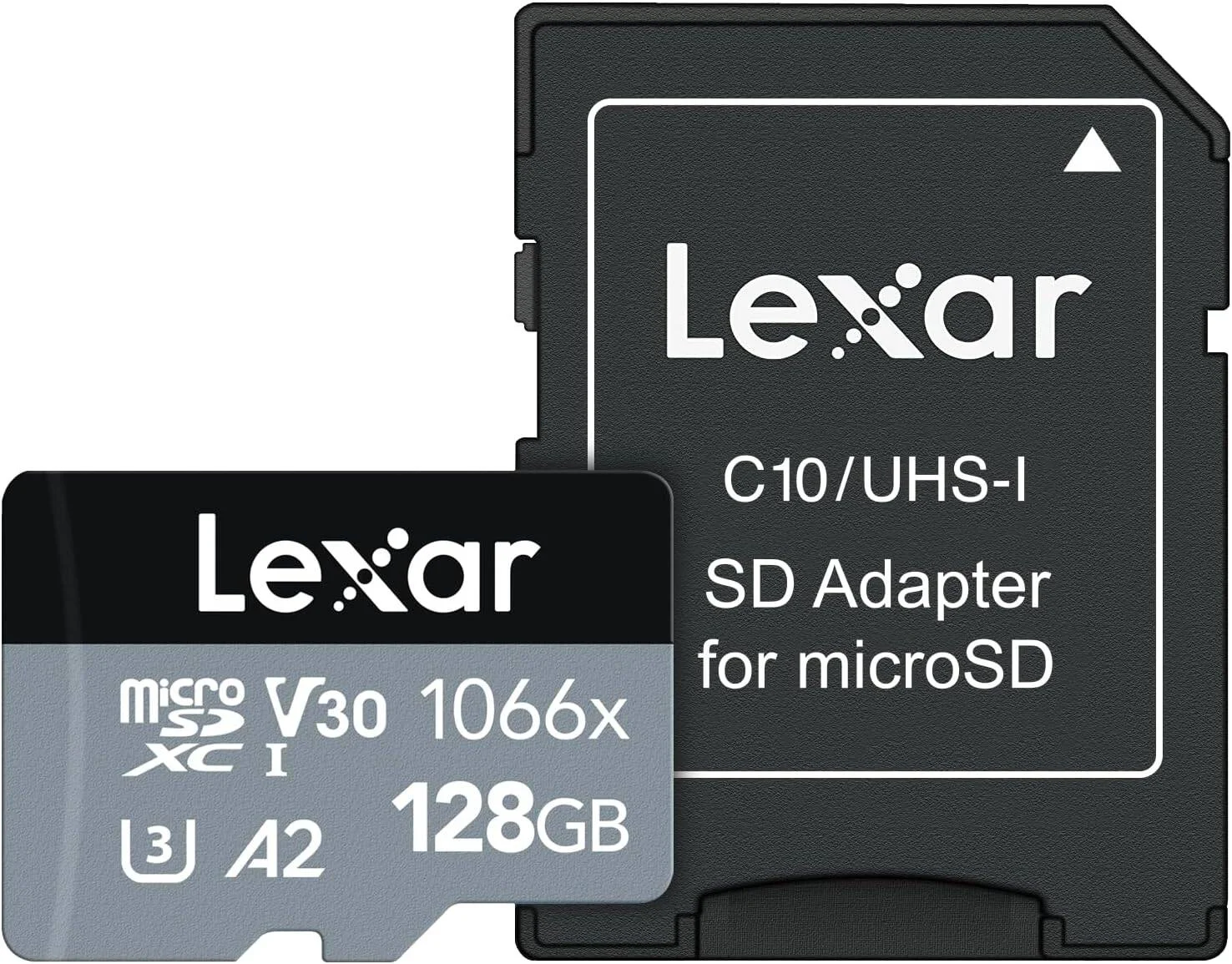 کارت حافظه میکرو اس دی Lexar 128GB Professional 1066x به همراه آداپتور SD، UHS-I, U3, V30, A2, Full HD, 4K، سرعت خواندن/نوشتن تا 160/120 مگابایت بر ثانیه، مناسب برای دوربین های اکشن، پهپادها، تلفن های هوشمند، تبلت ها، نینتندو سوییچ (LMS1066128G-BNANU)