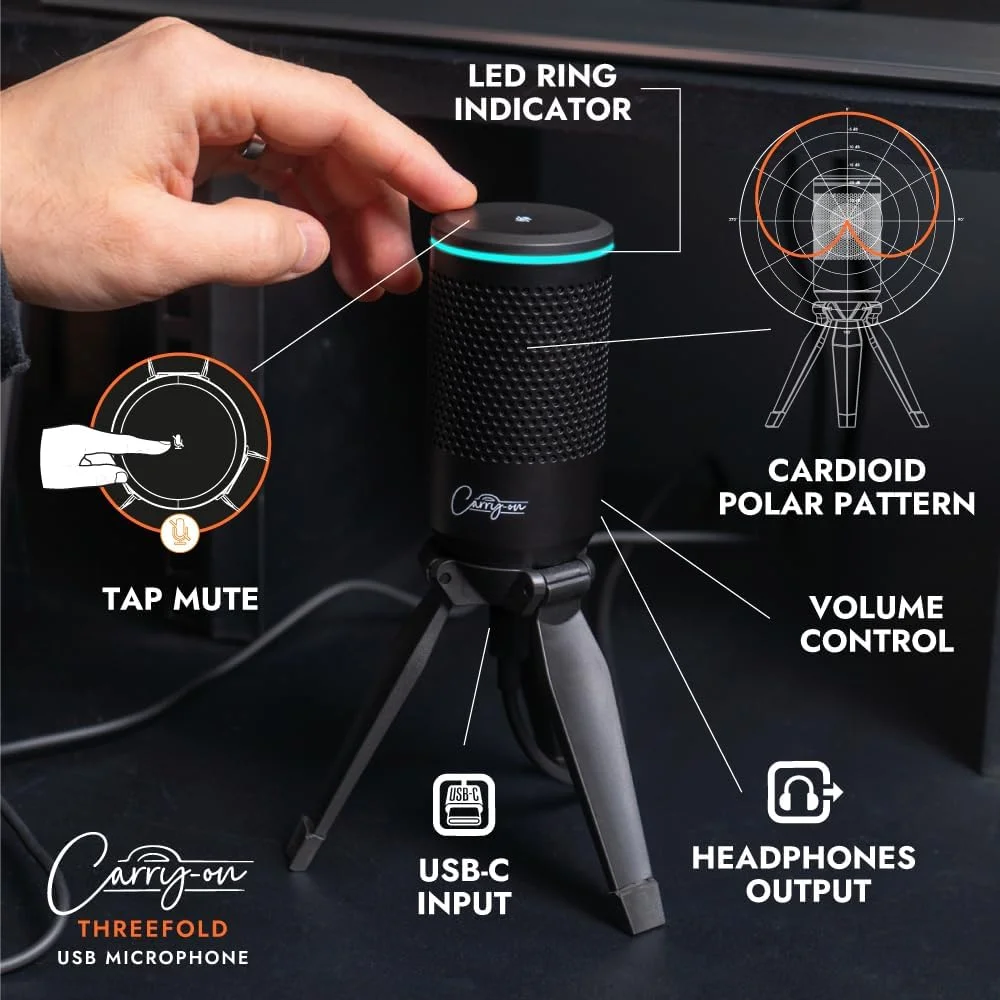 میکروفون USB کندانسور سه گانه قابل حمل با پایه سه پایه داخلی و مانیتورینگ بدون تاخیر - مشکی میکروفون USB کندانسور سه گانه قابل حمل با پایه سه پایه داخلی و مانیتورینگ بدون تاخیر - مشکی