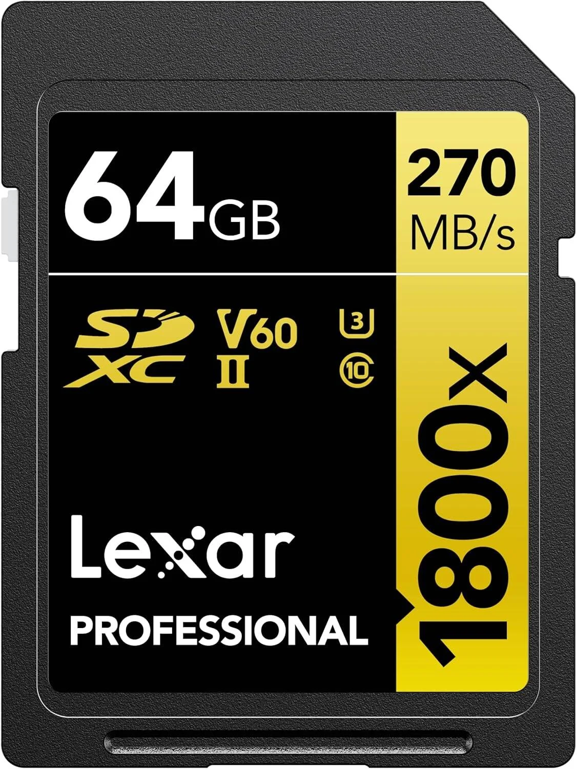 کارت حافظه 64 گیگابایتی Lexar Professional 1800x SDXCUHS-II، سرعت خواندن تا 270 مگابایت بر ثانیه و نوشتن 180 مگابایت بر ثانیه، C10 V60 U3
